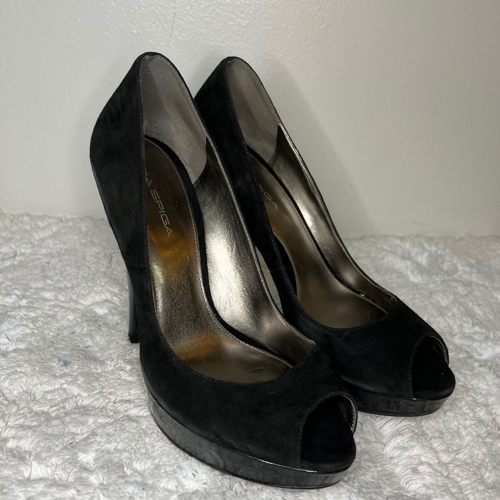 Black Platform Suede Peeptoe Heels